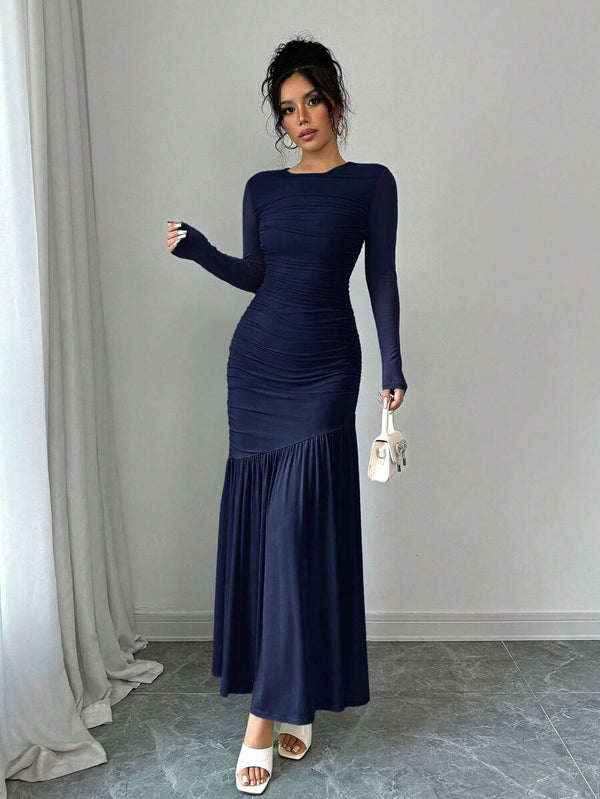 Vestido Largo Fruncido De Manga Larga Azul Marino