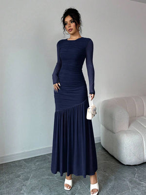 Vestido Largo Fruncido De Manga Larga Azul Marino
