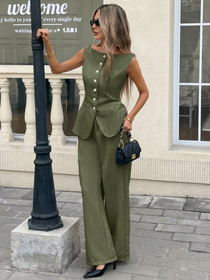 Conjunto verde casual de top sin mangas y pantalón largo vista frontal