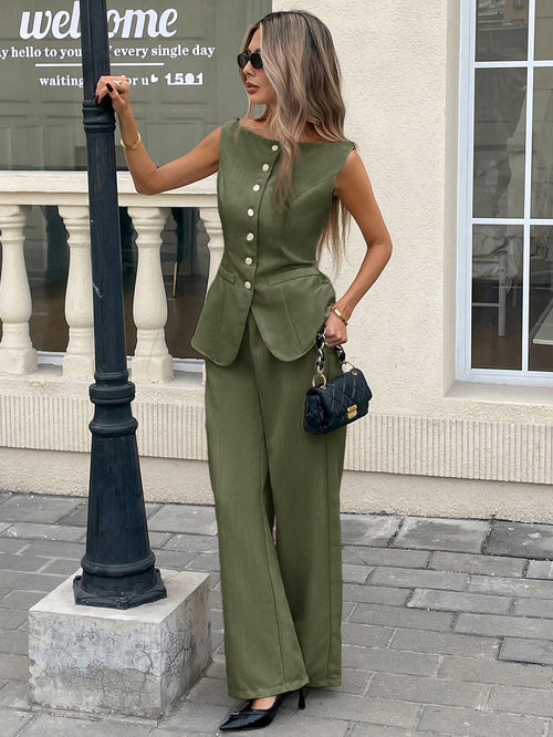 Conjunto verde casual de top sin mangas y pantalón largo vista frontal