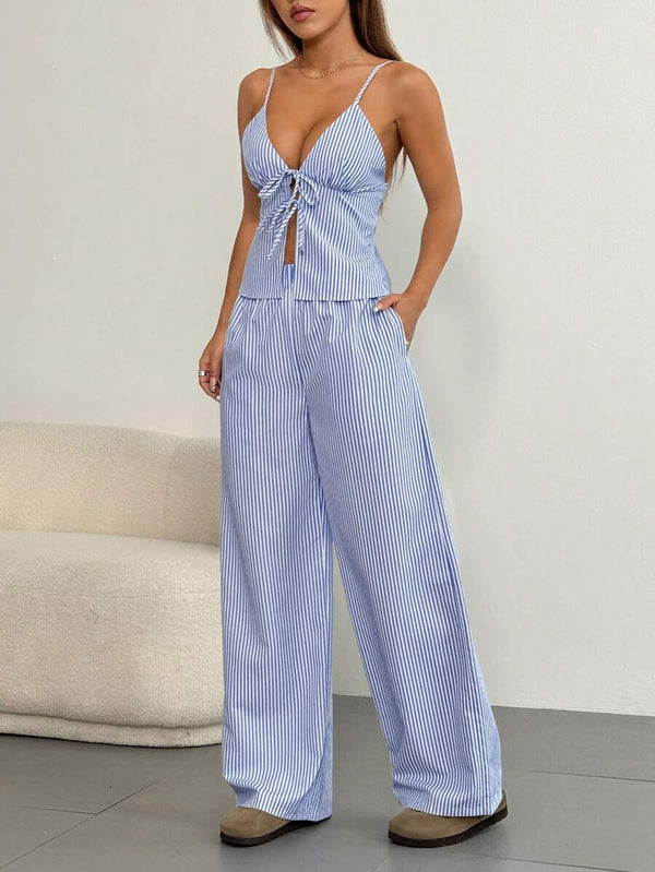 Conjunto De Rayas Azules Con Top y Pantalón Ancho
