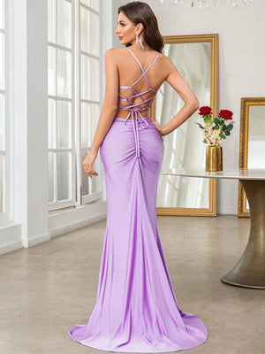 Vestido morado espalda al aire con tirantes cruzados