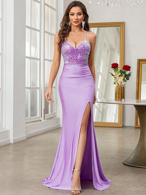 Vestido maxi morado con lentejuelas vista frontal