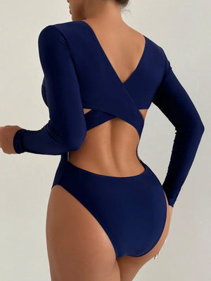 Traje de Baño Liso Azul Marino con Espalda Descubierta y Manga Larga
