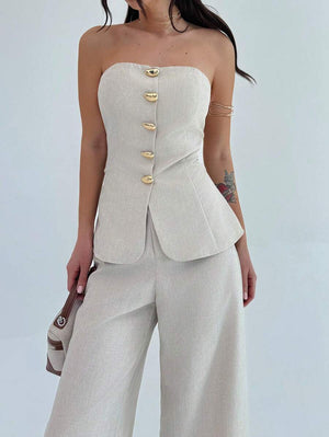 Conjunto Elegante Strapless Con Pantalón Ancho Beige
