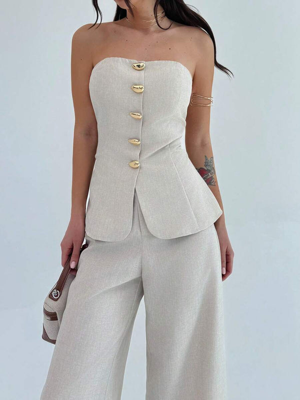 Conjunto Elegante Strapless Con Pantalón Ancho Beige