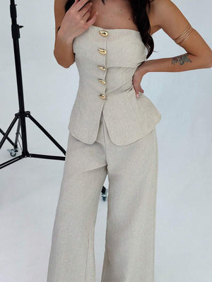 Conjunto Elegante Strapless Con Pantalón Ancho Beige