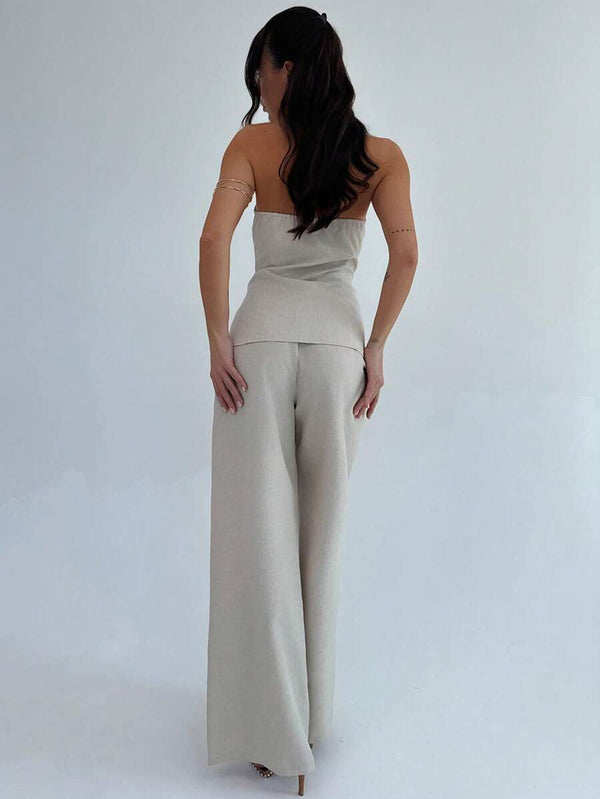 Conjunto Elegante Strapless Con Pantalón Ancho Beige