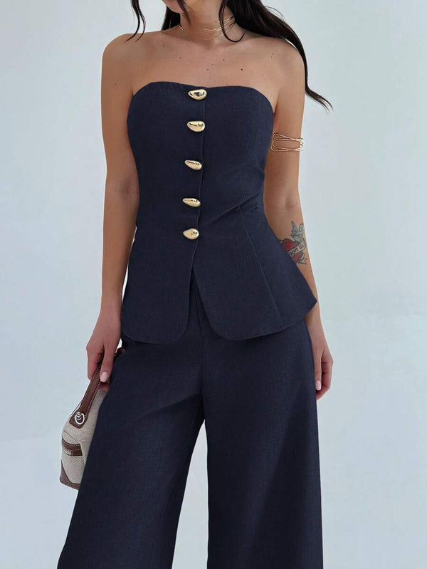 Conjunto Elegante De Top Strapless y Pantalón Ancho Azul Marino