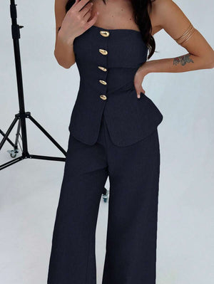 Conjunto Elegante De Top Strapless y Pantalón Ancho Azul Marino