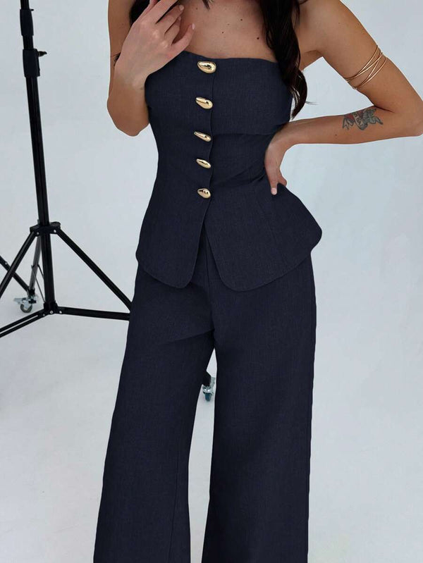 Conjunto Elegante De Top Strapless y Pantalón Ancho Azul Marino