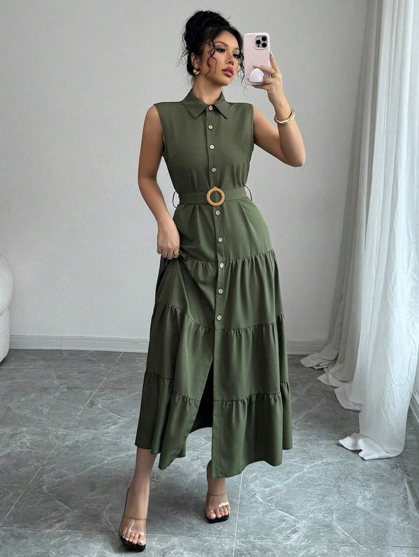 Vestido Camisero Largo Sin Mangas Verde Olivo