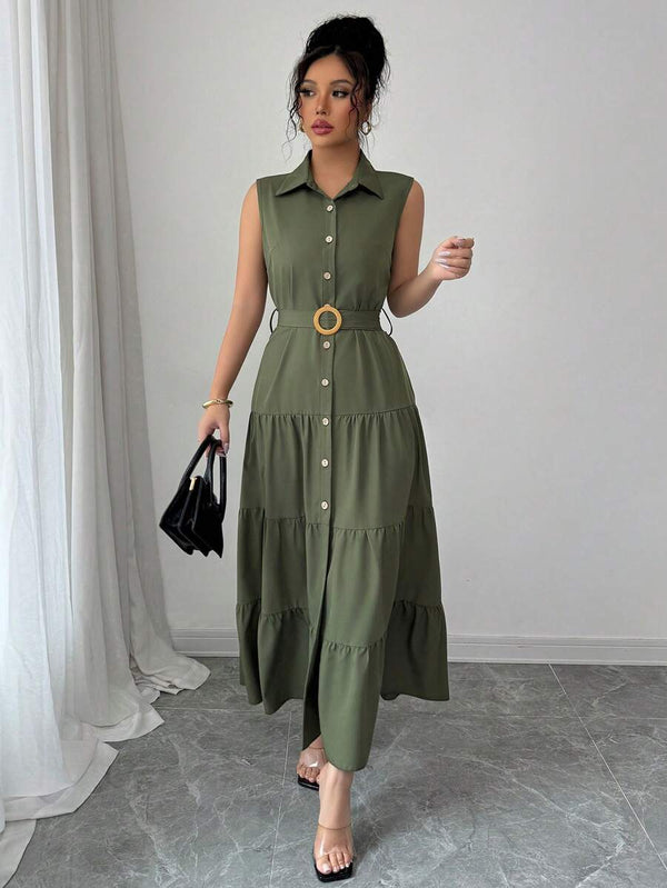 Vestido Camisero Largo Sin Mangas Verde Olivo