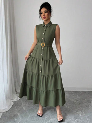 Vestido Camisero Largo Sin Mangas Verde Olivo