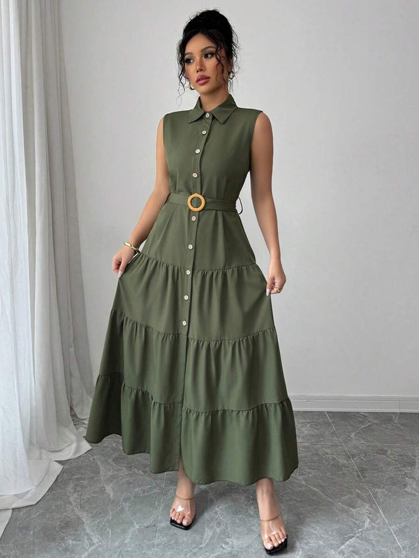Vestido Camisero Largo Sin Mangas Verde Olivo