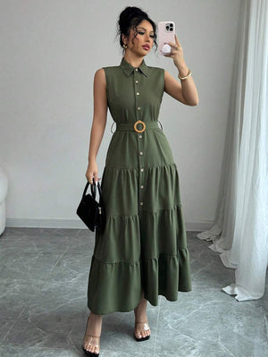 Vestido Camisero Largo Sin Mangas Verde Olivo