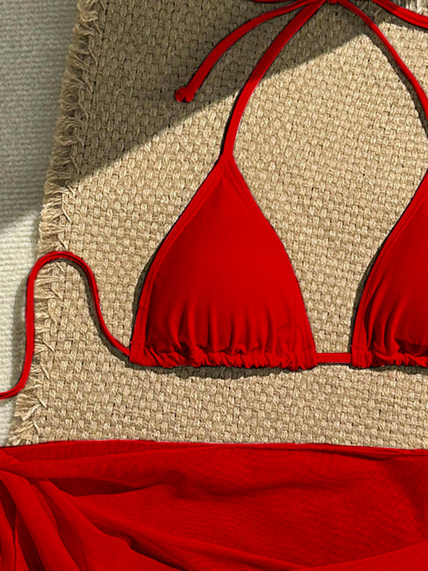 Bikini Rojo 3 Piezas falda pareo roja anudable para salida de playa.