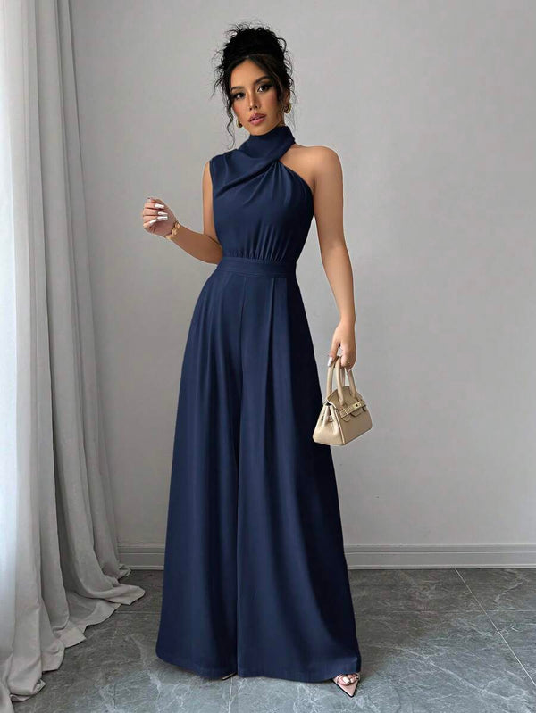 Jumpsuit Elegante Cuello Halter De Pierna Ancha Azul Marino