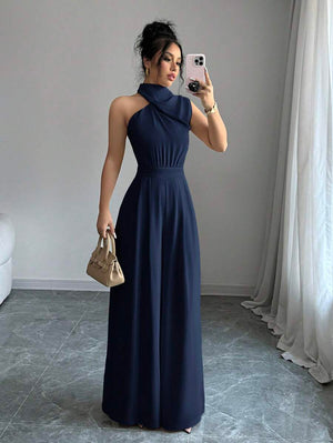 Jumpsuit Elegante Cuello Halter De Pierna Ancha Azul Marino