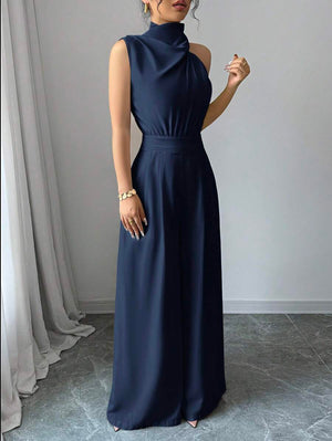 Jumpsuit Elegante Cuello Halter De Pierna Ancha Azul Marino
