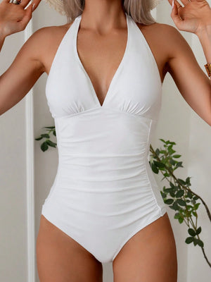 Traje De Baño Enterizo Halter Blanco Con Fruncido