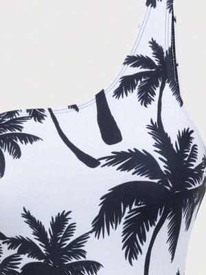 Conjunto De Traje De Baño Asimétrico y Falda Pareo Tropical