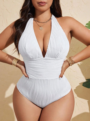 Traje De Baño Entero Blanco Con Fruncido Y Escote Pronunciado Halter