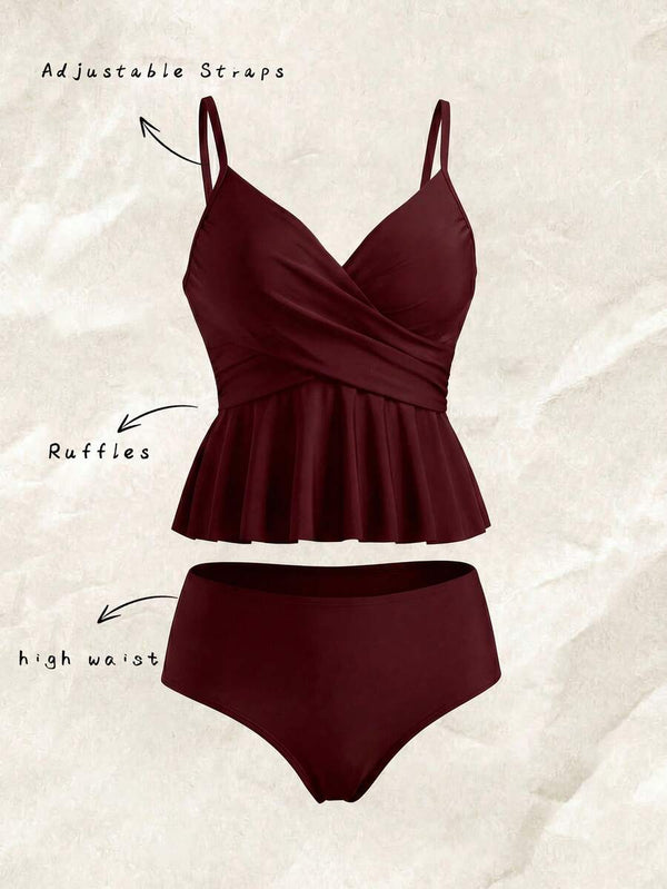 Traje de Baño Entero con Falda Peplum Vino