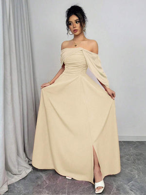 Vestido Largo Elegante Hombros Descubiertos Albaricoque