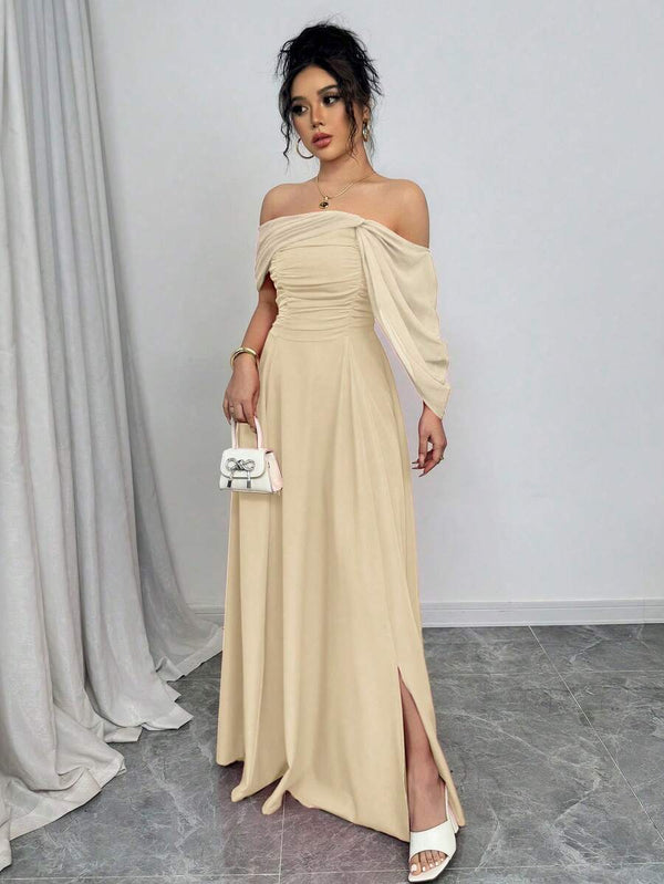 Vestido Largo Elegante Hombros Descubiertos Albaricoque