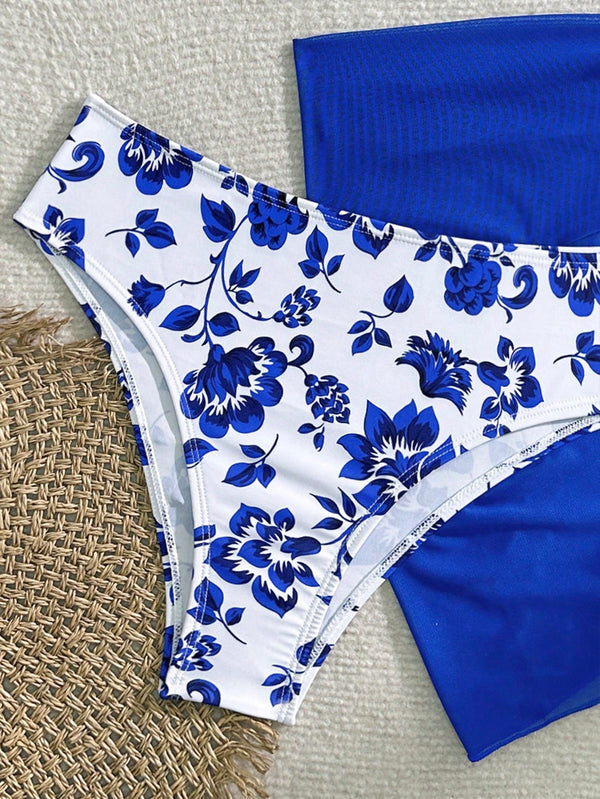 Pareo transparente azul del bikini floral de tres piezas