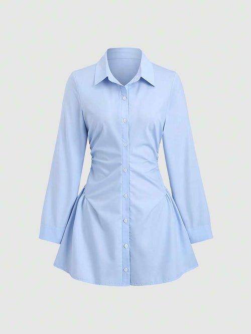 Vestido camisero mini azul pastel con fruncido lateral
