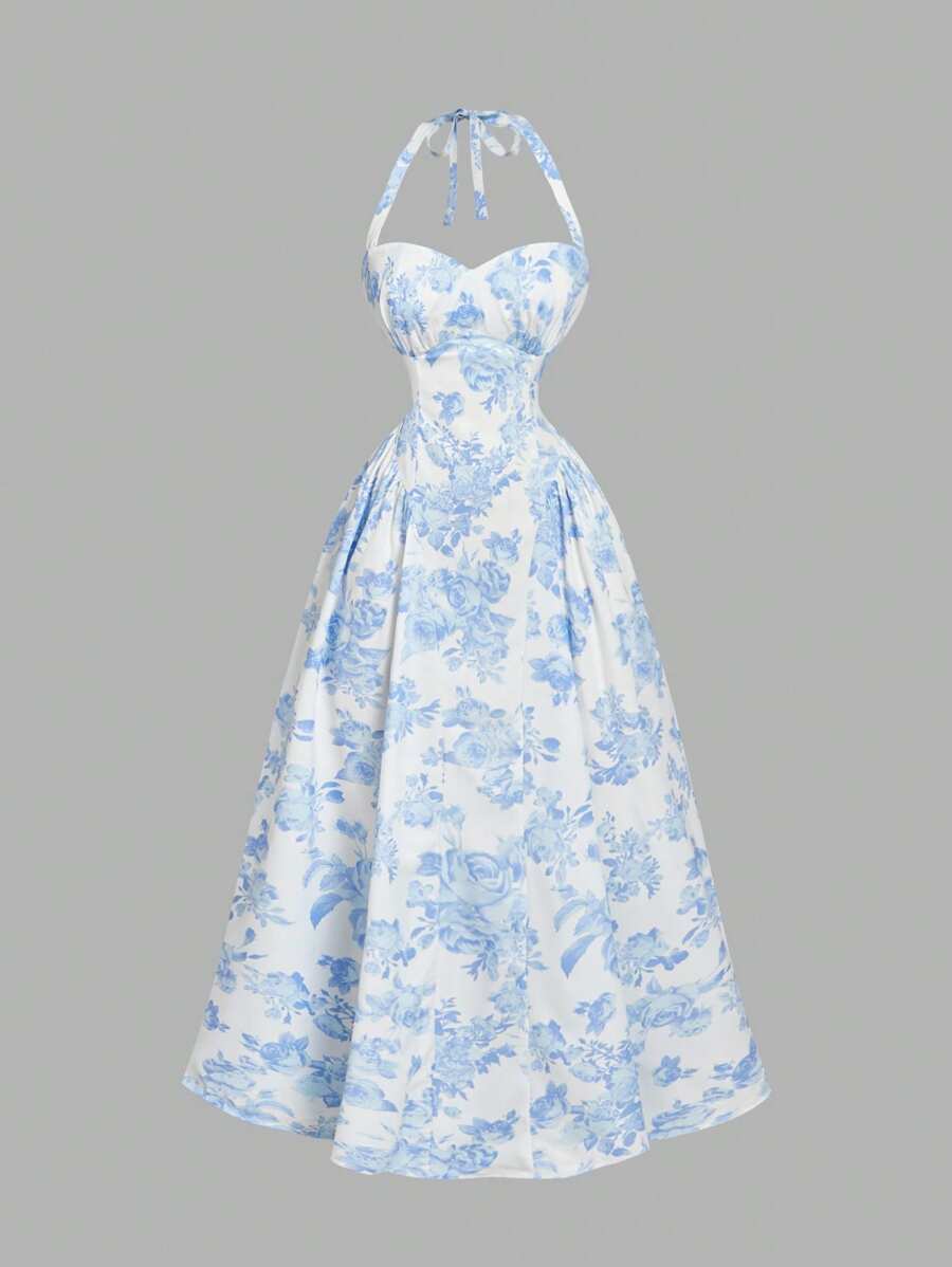 Vestido midi floral azul y blanco estilo halter con falda acampanada