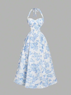 Vestido midi floral azul y blanco estilo halter con falda acampanada