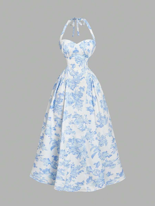 Vestido midi floral azul y blanco estilo halter con falda acampanada