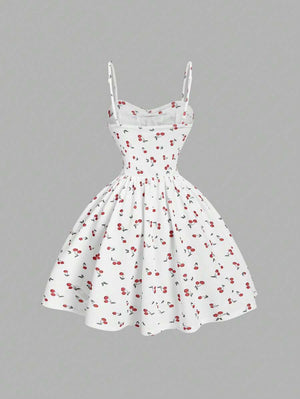 Vestido Blanco Corto Con Estampado De Cerezas con falda campana y diseño femenino.
