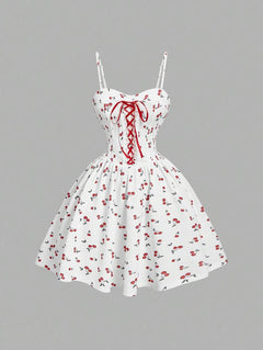 Vestido Blanco Corto Con Estampado De Cerezas y tirantes finos vista frontal.
