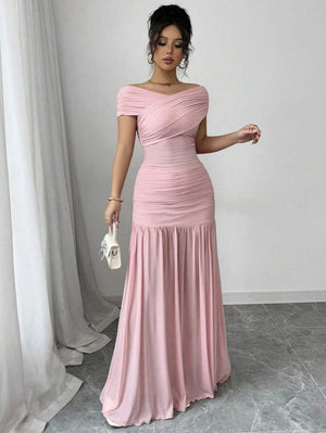 Vestido Largo Ruched Elegante Color Rosa