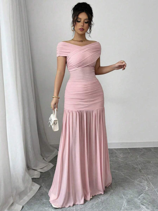Vestido Largo Ruched Elegante Color Rosa