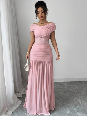 Vestido Largo Ruched Elegante Color Rosa