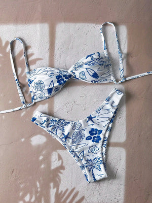 Bikini Bohemio Corte Alto Azul Y Blanco Con Estampado Floral Azul