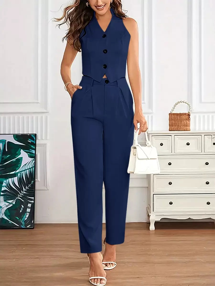 Conjunto elegante azul marino con top y pantalón vista frontal