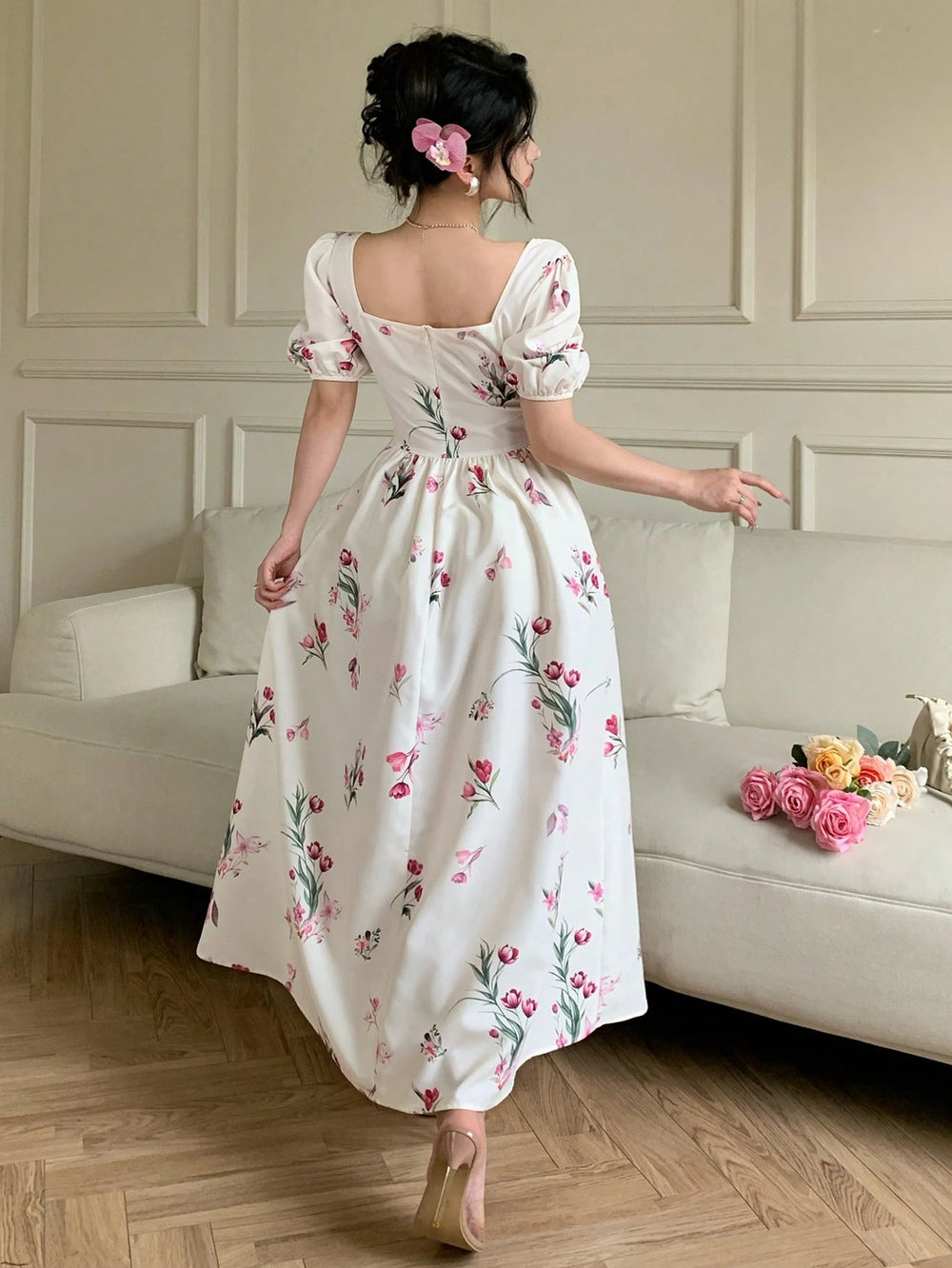 Vestido multicolor elegante largo con escote cuadrado