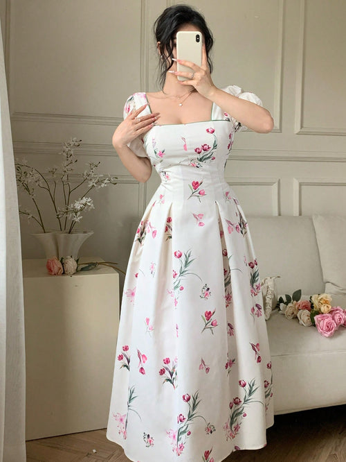 Vestido multicolor elegante largo con escote cuadrado