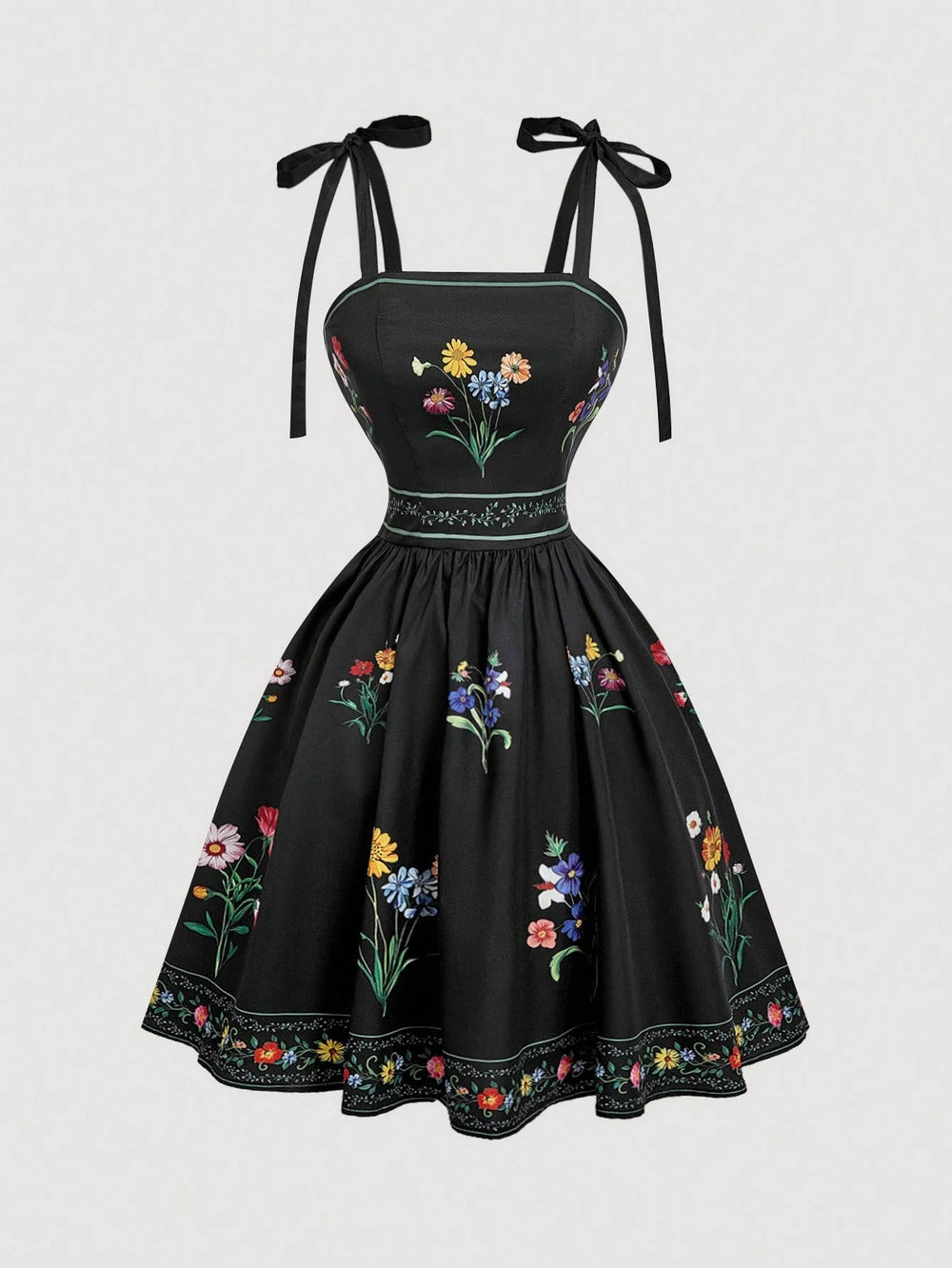 Vestido Corto Negro Bordado Floral Con Tirantes De Lazo vista frontal completa.
