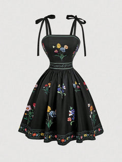 Vestido Corto Negro Bordado Floral Con Tirantes De Lazo vista frontal completa.
