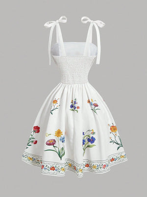 Vestido Corto Blanco Floral Bordado Con Tirantes De Lazo vista trasera del diseño.