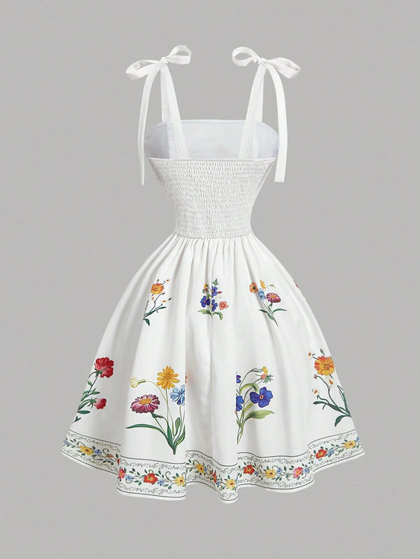 Vestido Corto Blanco Floral Bordado Con Tirantes De Lazo vista trasera del diseño.