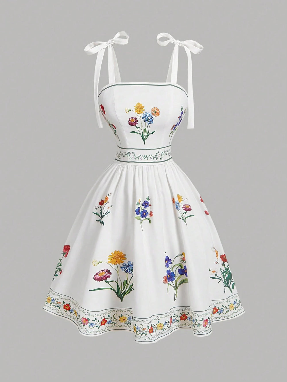 Vestido Corto Blanco Floral Bordado Con Tirantes De Lazo vista frontal completa.
