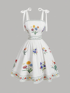 Vestido Corto Blanco Floral Bordado Con Tirantes De Lazo vista frontal completa.
